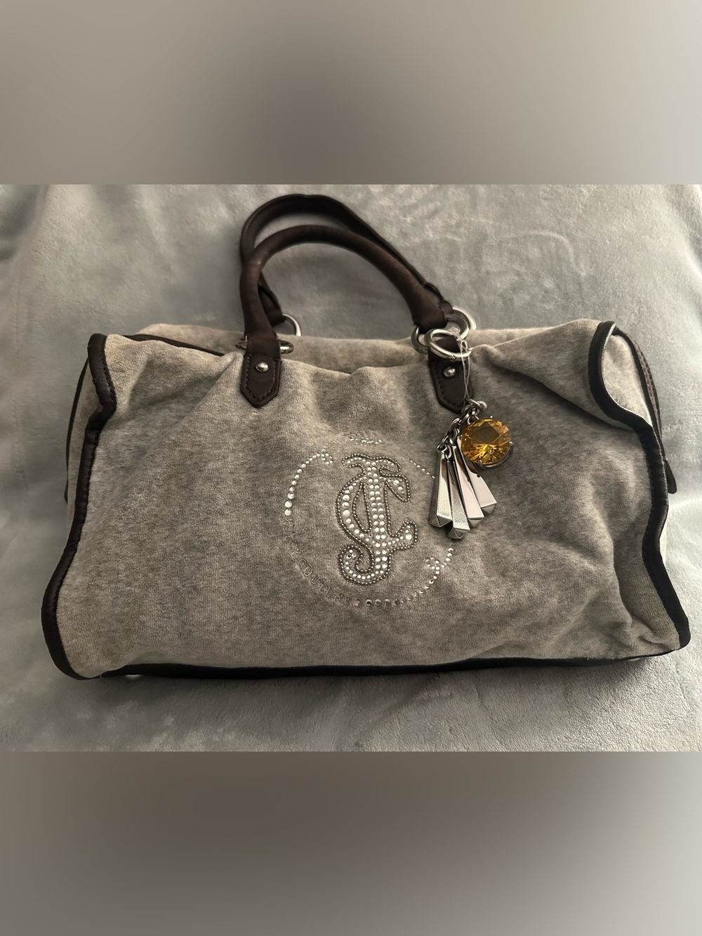 Juicy Couture Vintage Y2K Grey Velour Crystal Deco Satchel Bag